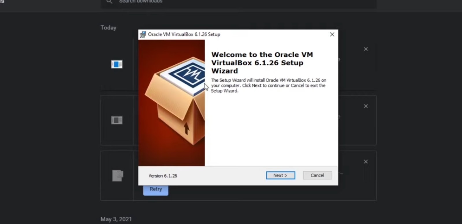 Oracle VM VirtualBox Setup Wizard window on a computer screen