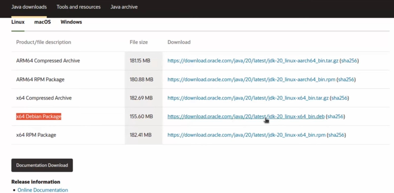 Java download page, highlighting the x64 Debian package option for Linux