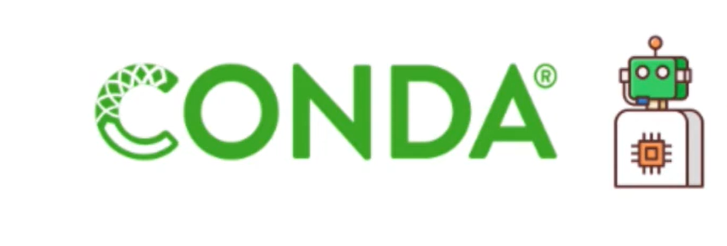 A logo of Conda featuring a green circle with a snake and a robot on a chip