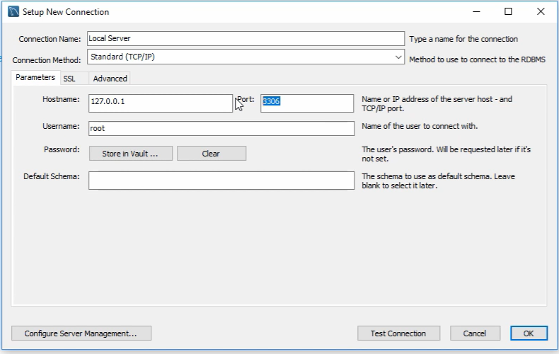 MySQL Workbench setup window for a new local server connection