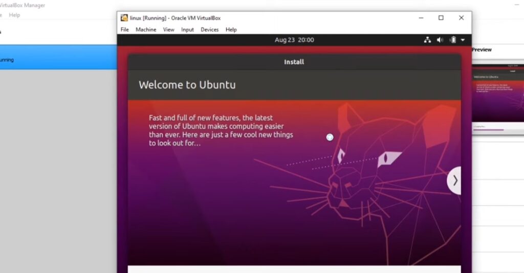 A running Oracle VM VirtualBox window displaying the welcome screen of the Ubuntu installation setup