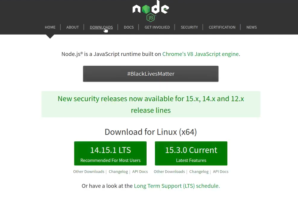 Node.js website highlighting version download options