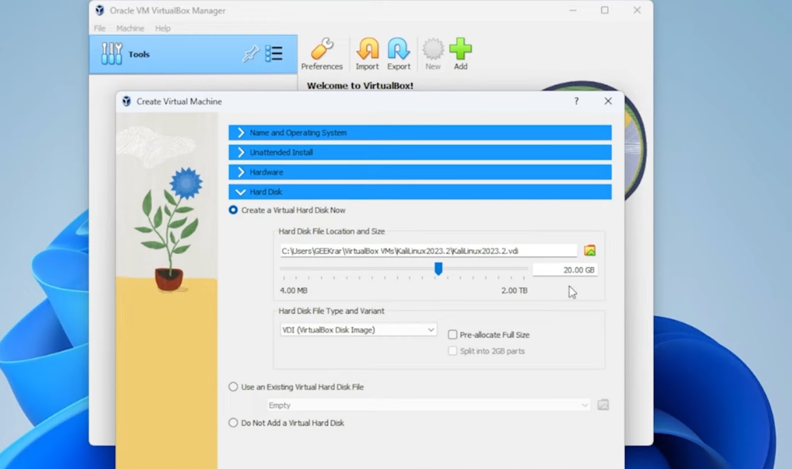 VirtualBox Manager window displaying the creation of a new virtual machine with settings for Kali Linux