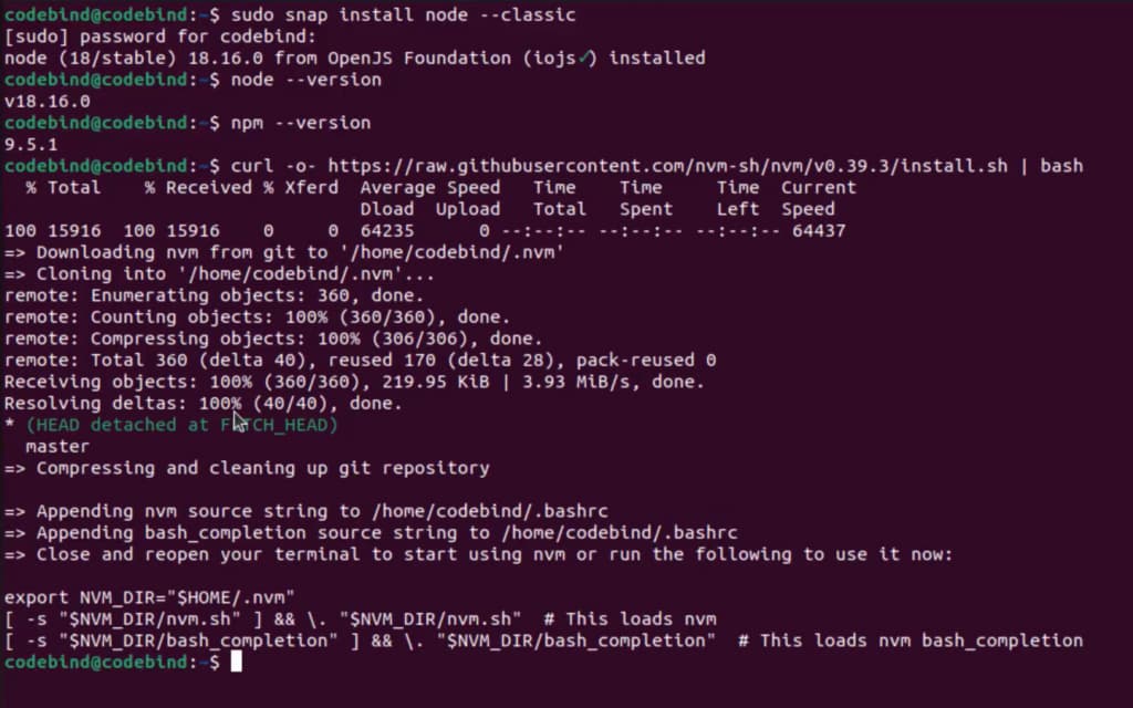 Terminal output showing Node.js installation via nvm