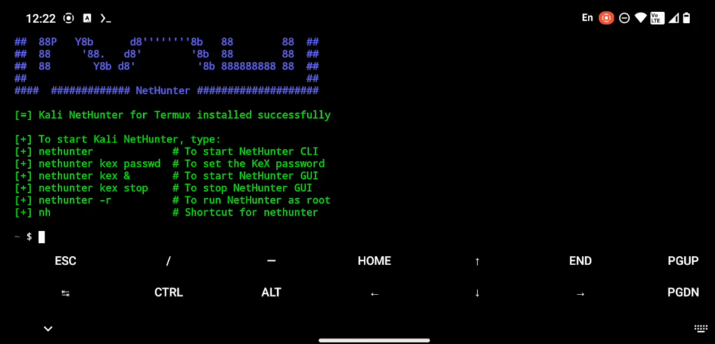 A terminal screen showing the successful installation of Kali NetHunter for Termux