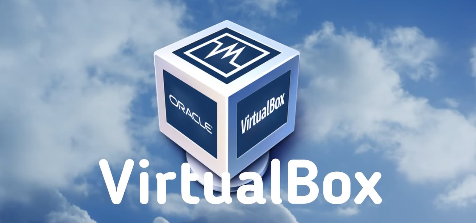 A 3D cube graphic representing Oracle's VirtualBox software against a cloudy sky