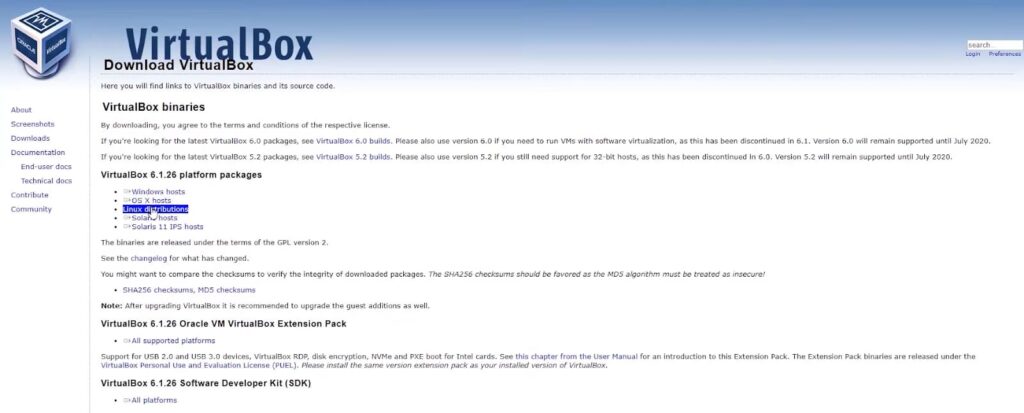 A screenshot of the VirtualBox download webpage with various OS options