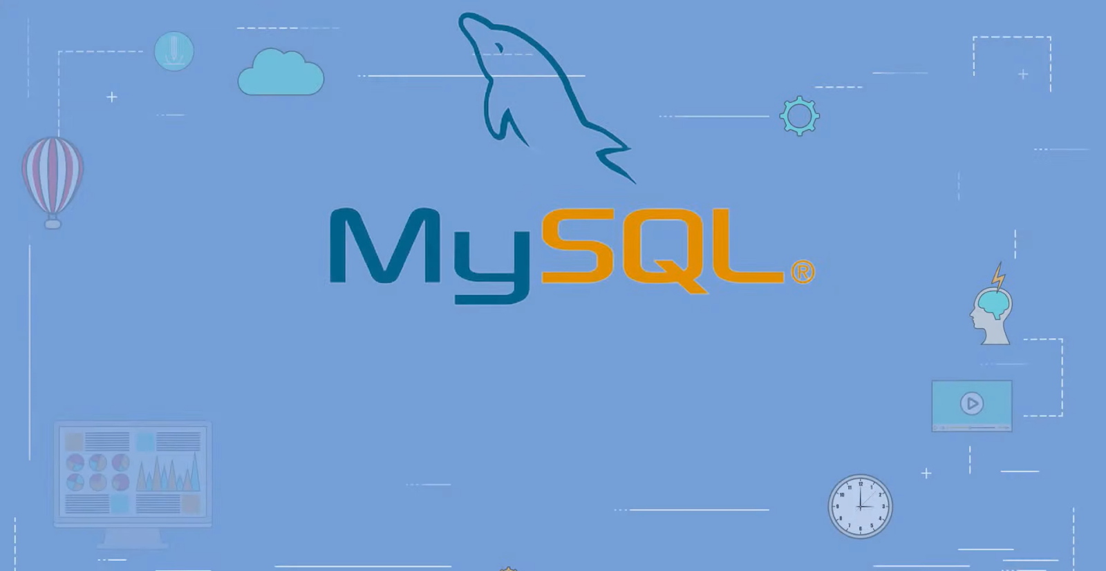 MySQL logo with abstract tech elements on a blue background